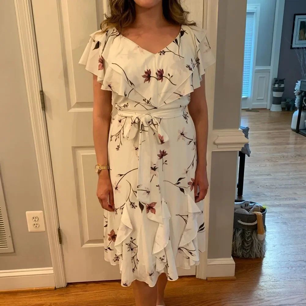 Elizabeth Crosby Ana Floral Ruffle Dress sz L NWT